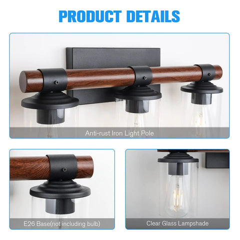 Matte Black Vanity Light Over Mirror with anti-rust iron pole, E26 base, clear glass lampshade shown in detail