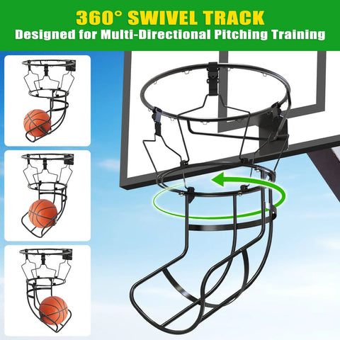 360-Degree Swivel Track Basketball Return Attachment For Home Courts With Quick-Setup Non-Slip Rebounder And Adjustable Angles For Every Shot From Free Throws To Three-Pointers Multi-Directional Practice Tool, black steel hoop attachment on backboard