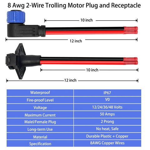 Heavy Duty Trolling Motor Plug And Receptacle Set 50Amp Marine Connector, 8 AWG, 12 inch length, durable plastic, suited for 12V to 48V rigs.