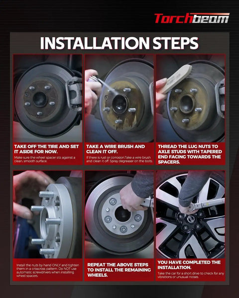 Installation steps for Lug Centric Wheel Spacers 0.5 Inch Thick; showing tools and wheel assembly process.