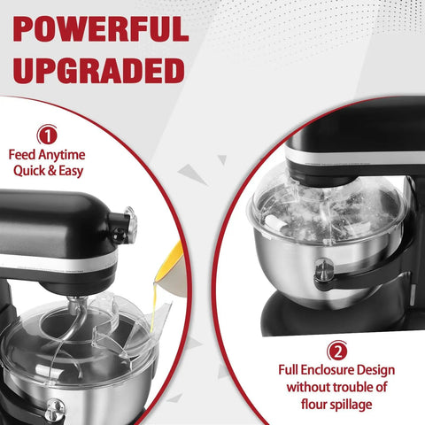 Pouring Shield Splash Guard For 6-7 Qt Tilt-Head Stand Mixer With Stainless Steel Bowl in action, preventing spillage