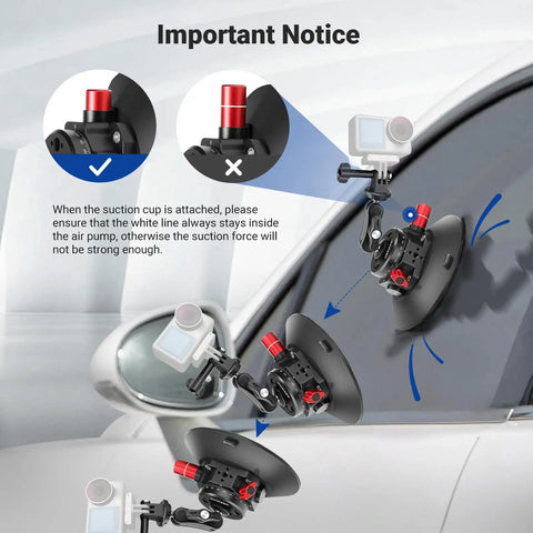 Image showing 6 Inch Camera Suction Cup Mount With Ball Head Magic Arm attached to car window, illustrating correct and incorrect use.