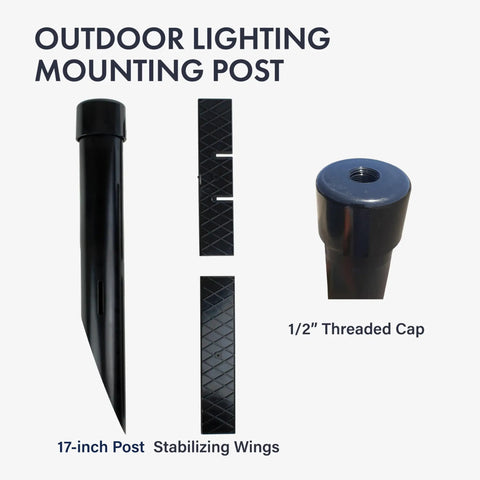 Heavy Duty 17 Inch Outdoor Landscape Lighting Mounting Post with ABS ground stake, stabilizing wings and 1/2 inch NPT cap shown