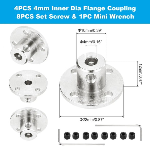 Heavy Duty 4mm ID Flange Coupling 4 Pack Rigid Shaft Connector For Rc Cars And Motors Perfect Durable Metal Guide Shaft Parts showing 4 metal couplings and screws.