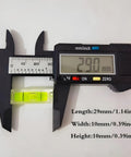 6Pcs Small Bubble Level 10x10x29mm Mini Square Spirit Level Picture measured with caliper at 29mm length, showing bright yellow liquid.