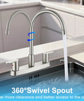 Top Shelf 8 Inch Centerset Kitchen Faucet With Dual Handles And High Arc 360 Swivel Spout In Sleek Brushed Nickel showing water flow.