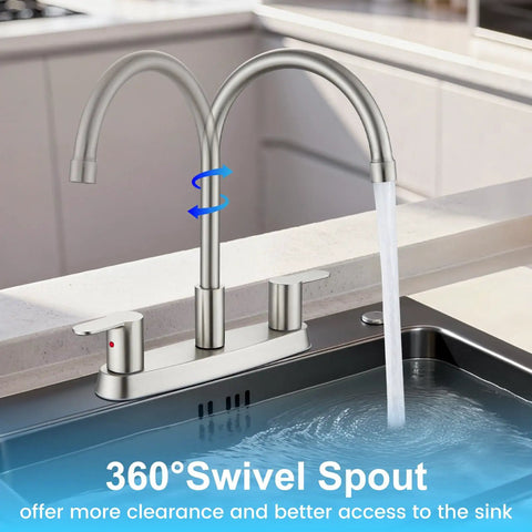 Top Shelf 8 Inch Centerset Kitchen Faucet With Dual Handles And High Arc 360 Swivel Spout In Sleek Brushed Nickel showing water flow.
