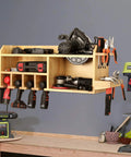 Power Tools Storage And Charging Station With Five Drill Slots Wall Mount Garage Organizer with tools displayed on wall