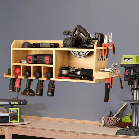 Power Tools Storage And Charging Station With Five Drill Slots Wall Mount Garage Organizer with tools displayed on wall
