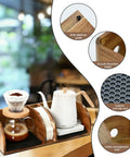 Acacia Wood Coffee Bar Station Organizer with pour-over setup, anti-slip mat, and cable management for filters and tools on countertop.