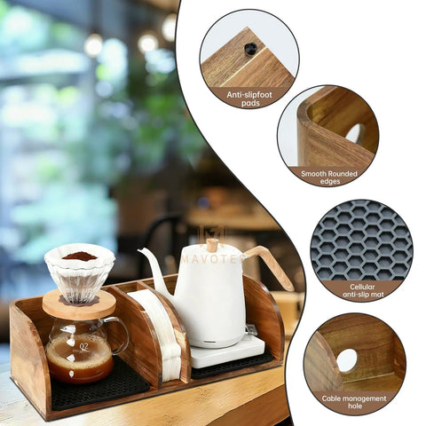 Acacia Wood Coffee Bar Station Organizer with pour-over setup, anti-slip mat, and cable management for filters and tools on countertop.