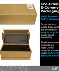 Eco-friendly packaging for a waterproof action camera with front LCD and rear touch screens, 5K video.