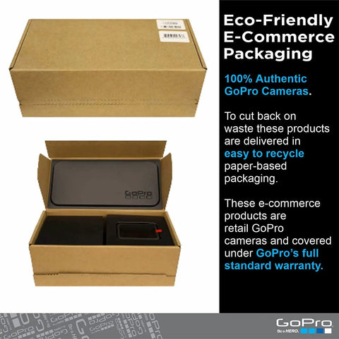 Eco-friendly packaging for a waterproof action camera with front LCD and rear touch screens, 5K video.