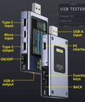 All In One USB Power Tester And Multimeter With App showing ports and LCD display, including USB-A, Micro, Type-C inputs and outputs.