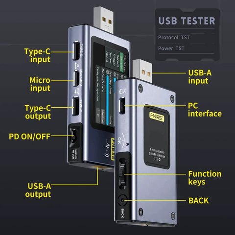 All In One USB Power Tester And Multimeter With App showing ports and LCD display, including USB-A, Micro, Type-C inputs and outputs.