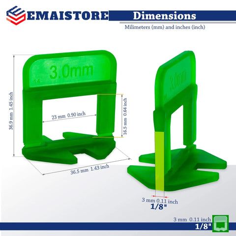 Premium Tile Leveling System With 1/8 Inch Spacers, green ergonomic clips with dimensions for seamless tile installation