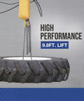 Electric Hoist For One Ton Load, Nine Point Eight Feet Lift, lifting heavy tire with chains and support, high performance text