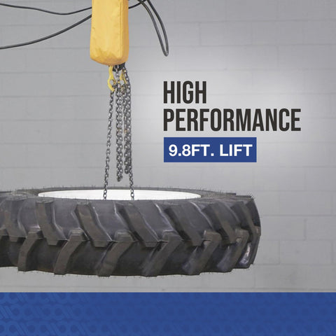 Electric Hoist For One Ton Load, Nine Point Eight Feet Lift, lifting heavy tire with chains and support, high performance text