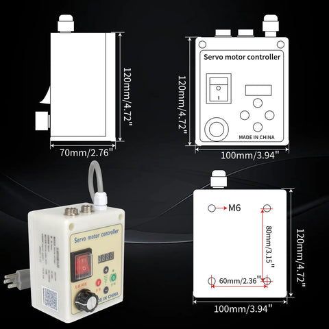 Diagram and dimensions of 1100W AC Servo Motor Kit For CNC Machines 110V 1.1KW Controller, showing various angles and sizes.