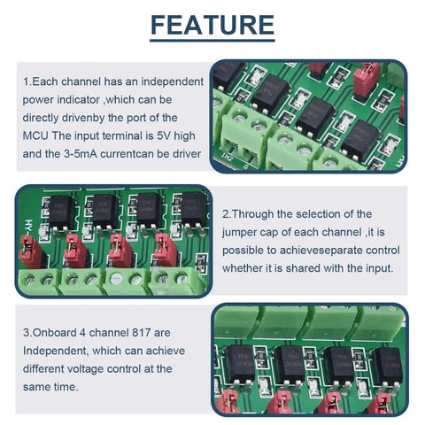 Close-up of 2 Pack PC817 4 Channel Optocoupler Isolation Module for control relays showcasing independent power indicators and channels