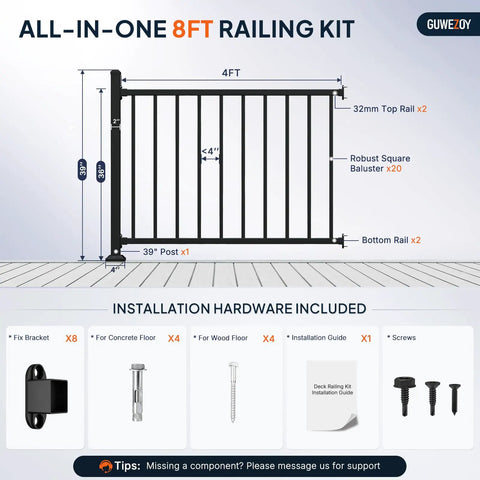 Built Tough 36 Inch Height By 12 Foot Width Modular Aluminum Porch And Deck Railing Kit With Rust Free Coating and Easy Install for Backyard Deck Upgrades, 4ft height.