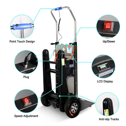 Camini Electric Stair Climbing Hand Truck Dolly Cart With 661 Lbs Capacity And 600 W Motor features LCD display and speed adjustment.