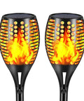 Upgraded Solar Flame Torch Lights Outdoor Waterproof Dancing Flame Garden Lights 43 Inch Tall With 96 LEDs Each Two Pack on display