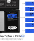 LCD display of Pocket Digital Gram Scale On The Go 1000G 0.1G with 6 unit modes including g, oz, gn, ct, dwt, ozt