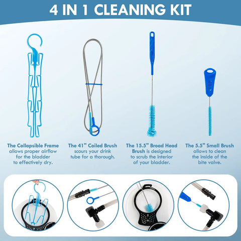 Hydration Bladder With 4 In 1 Cleaning Kit shown with collapsible frame, coiled brush, broad head brush, and small brush for cleaning.