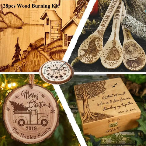 28 Piece Wood Burning Kit with Dope Pro Grade Tips for Pyrography Embossing and Soldering, carved wooden designs