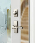 Storm Door Lever Set With Keyed Deadbolt Lock In Satin Nickel, 4 Piece Replacement Kit For Screen And Storm Doors close-up view.