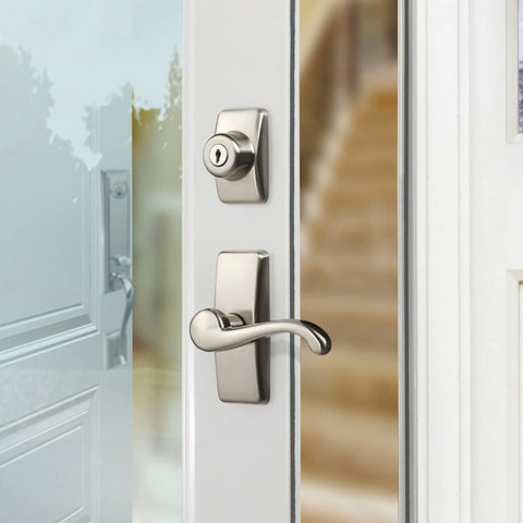 Storm Door Lever Set With Keyed Deadbolt Lock In Satin Nickel, 4 Piece Replacement Kit For Screen And Storm Doors close-up view.