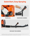 Backpack Fogger Sprayer With 63cc 3HP Gas Engine setup showing fuel start-up, handle switch, and atomization tube installation