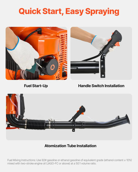 Backpack Fogger Sprayer With 63cc 3HP Gas Engine setup showing fuel start-up, handle switch, and atomization tube installation