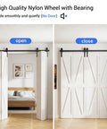 Open and closed view of 10Ft Bi Folding Sliding Barn Door Hardware Kit For Four Doors Black Track With J Shape Rollers Ultra Quiet Nylon Wheels