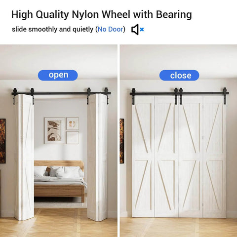 Open and closed view of 10Ft Bi Folding Sliding Barn Door Hardware Kit For Four Doors Black Track With J Shape Rollers Ultra Quiet Nylon Wheels