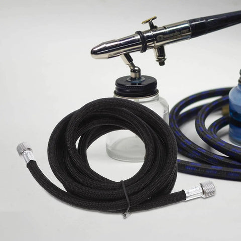 Kickin Flexible Braided Airbrush Hose Replacer With 1/8 Connector For Mini Pump Interior Keeps Cleanup A Breeze For Artists Needing Zero Kinks During Precision Spraying While Keeping Airflow Steady So You Nail Job Without Blockages Or Leaks Today. black braided 1/8 airbrush hose with metal fittings