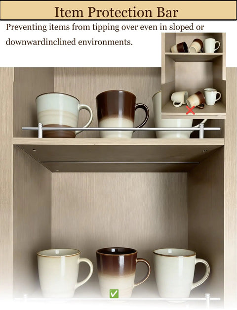 12 Inch Brass Finish Metal Shelf Guard Rail Set for Shoes, Racks, Displays, preventing mugs from sliding off shelf.