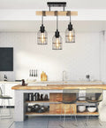 Farmhouse Style 3 Light Semi Flush Mount Ceiling Light Fixture With Solid Wood Canopy And Black Metal Cage Lampshades in kitchen