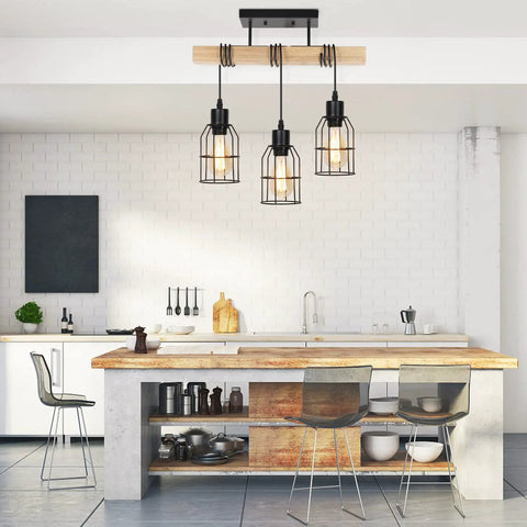Farmhouse Style 3 Light Semi Flush Mount Ceiling Light Fixture With Solid Wood Canopy And Black Metal Cage Lampshades in kitchen