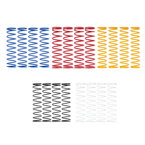 Five-color metal shock spring set for one tenth scale RC crawlers, featuring blue, red, yellow, black, and white springs for TRX4 and Axial SCX10 platforms.