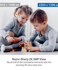 Children playing with 2K Indoor Pan Tilt Security Cam For Baby And Pet Monitor With Motion Alerts Two Way Talk Built In Siren Night Vision Local Storage No Monthly Fees Or Optional Cloud 2 Pack Home Surveillance Kit showing image clarity comparison.