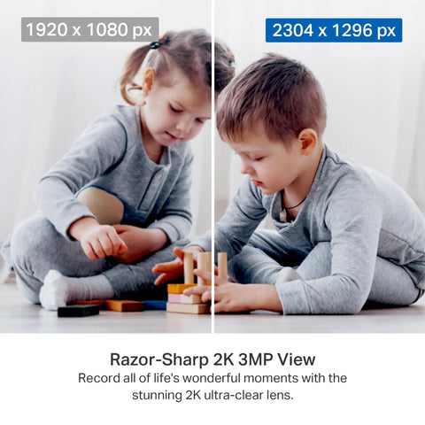 Children playing with 2K Indoor Pan Tilt Security Cam For Baby And Pet Monitor With Motion Alerts Two Way Talk Built In Siren Night Vision Local Storage No Monthly Fees Or Optional Cloud 2 Pack Home Surveillance Kit showing image clarity comparison.
