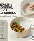 All In One Electric Hot Pot With Steamer And Lid 1.5L Nonstick Ceramic Cooker shown with vegetables in pot