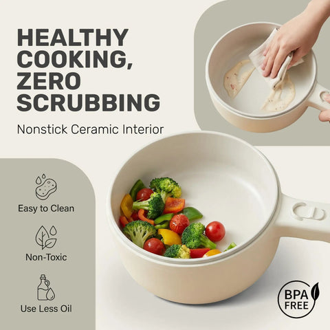 All In One Electric Hot Pot With Steamer And Lid 1.5L Nonstick Ceramic Cooker shown with vegetables in pot