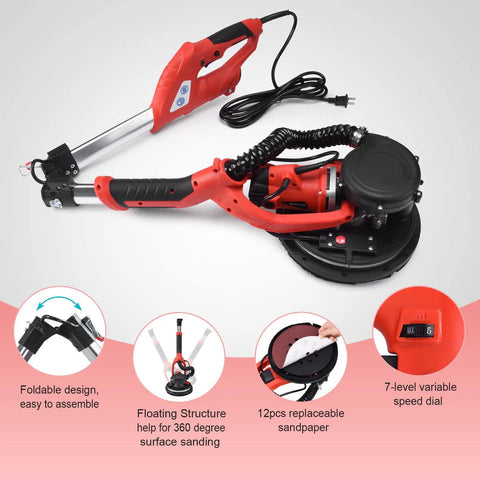 Drywall Sander With Vacuum System, 800W Electric Sander With 7 Variable Speeds 800-1750 RPM, Extendable Handle, LED Light