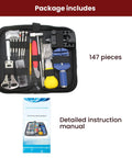Pro Grade All In One Watch Repair Tool Kit With 147 Pieces Including Case Opener Spring Bar Tool in case and instruction manual