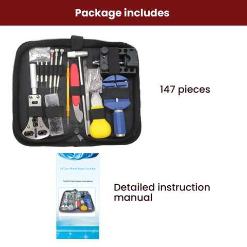 Pro Grade All In One Watch Repair Tool Kit With 147 Pieces Including Case Opener Spring Bar Tool in case and instruction manual