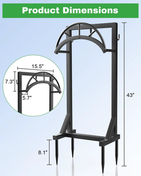 Product dimensions of Heavy Duty Metal Garden Hose Holder And Hanger Freestanding Water Hose Storage Rack With Dual Tool Hooks