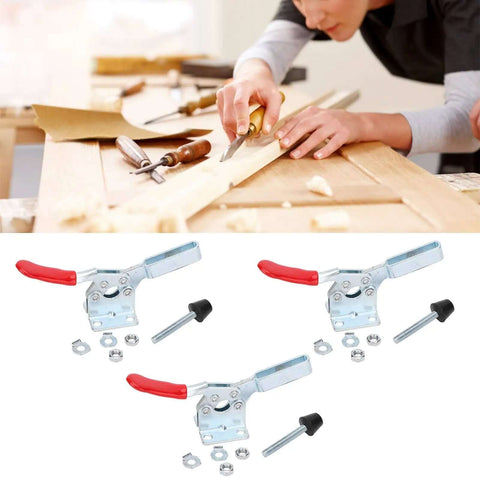 Vertical Toggle Clamp With Arrow Storage Case for woodworking; three clamps with red handles, M6 x 45 screws, and nuts displayed.